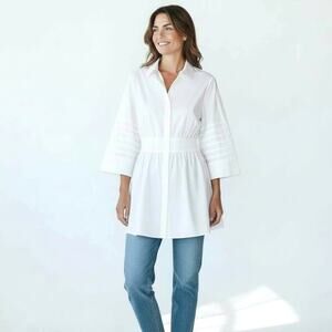 LANE BRYANT ~ Women's White Cotton Blouse With Raw Edge Layered Details ~26/28